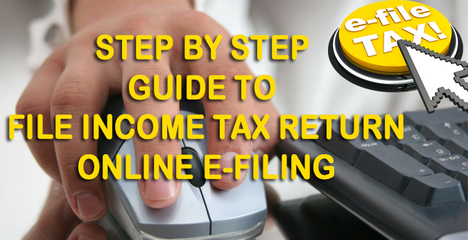 A hand navigating with a mouse with text overlay reading'Step by Step Guide to File Income Tax Return Online'